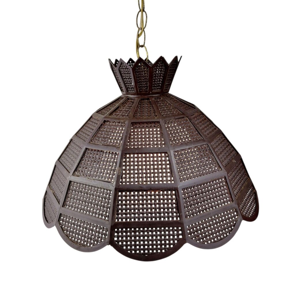 MCM Hanging Swag Lamp Brown Wicker Rattan Shade 12 ft Chain Cord Plug Vtg - Picture 5 of 16
